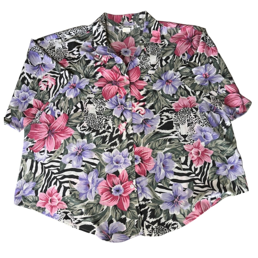 Ms Caribou Vintage Safari Print Floral Blouse 2X Leopard Zebra Tropical Pink 90s - Picture 2 of 9